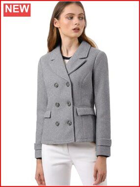 Women's Notched Lapel Double Breasted Short Pea Coat H Line Business Work Coat